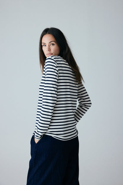 Panama Cotten Loose Top, Dark Navy stripe - FRAU